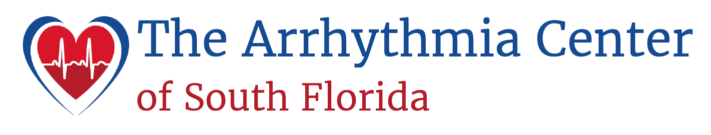 Logo for The Arrhythmia Center of South Florida, featuring a red heart icon with an EKG line inside next to the company name.