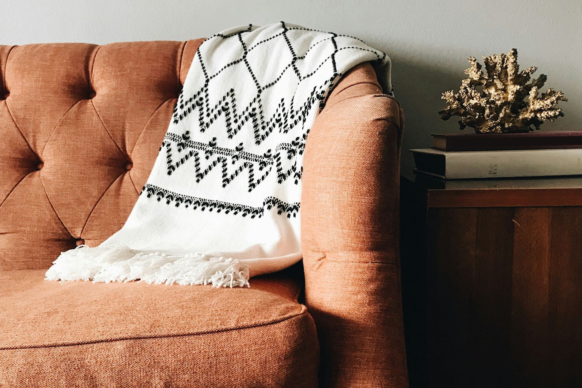 Comfy orange couch with blanket and plant next to arm chair