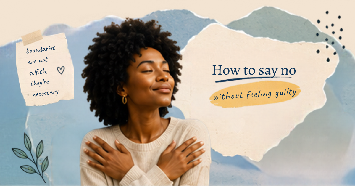 Photo of an African-American woman hugging herself, feeling at peace
