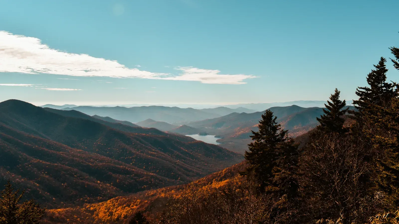 Mountainous Asheville landscape with bright blue sky