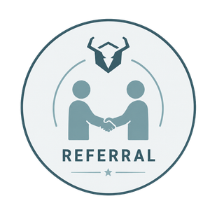 Circular referral icon with two people shaking hands beneath a bull-head logo in blue-gray tones