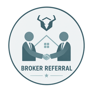 Broker referral logo with two figures shaking hands inside a teal circle, house and bull icon above.