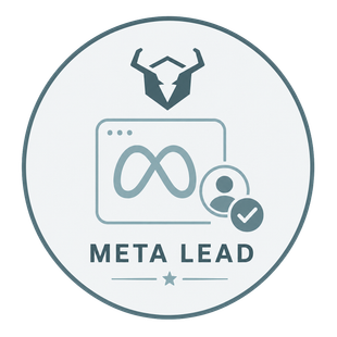Circular Meta Lead logo with teal icon, infinity symbol, and checkmark profile badge