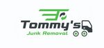 Logo for Tommy's Junk Removal; green and gray colors; truck graphic and recycling symbol; text is black and green.