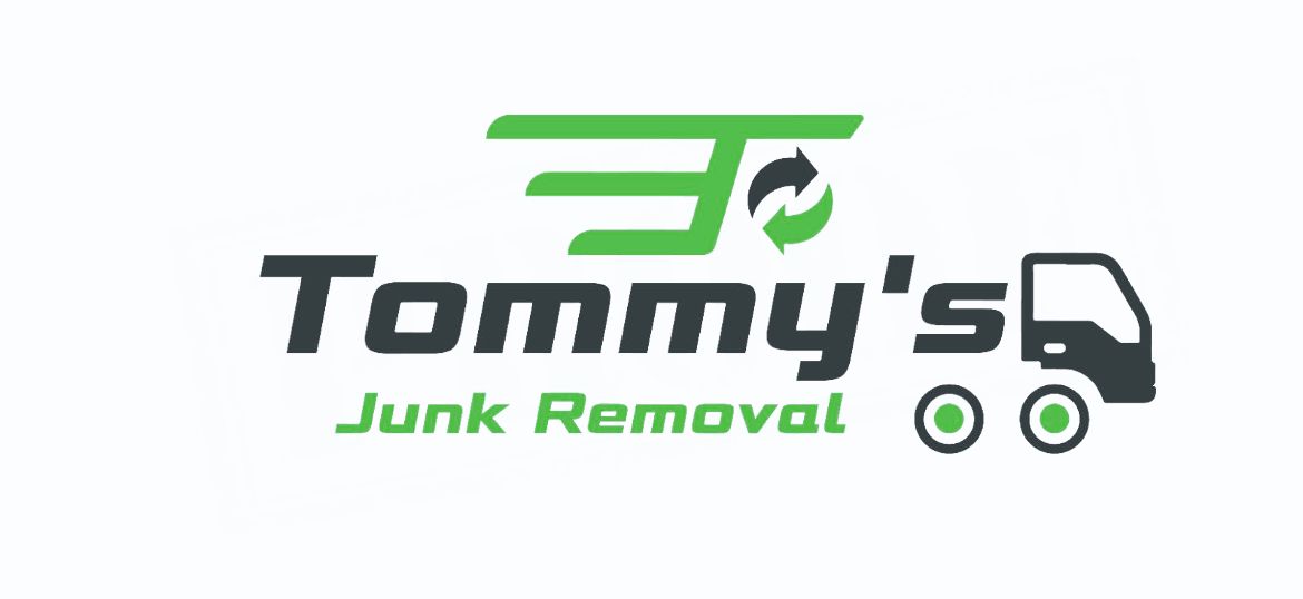 Logo for Tommy's Junk Removal; green and gray colors; truck graphic and recycling symbol; text is black and green.
