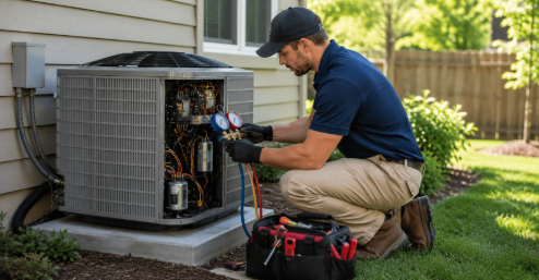HVAC Company Ottawa KS technician from One Choice Heating & AC inspecting a home comfort system

