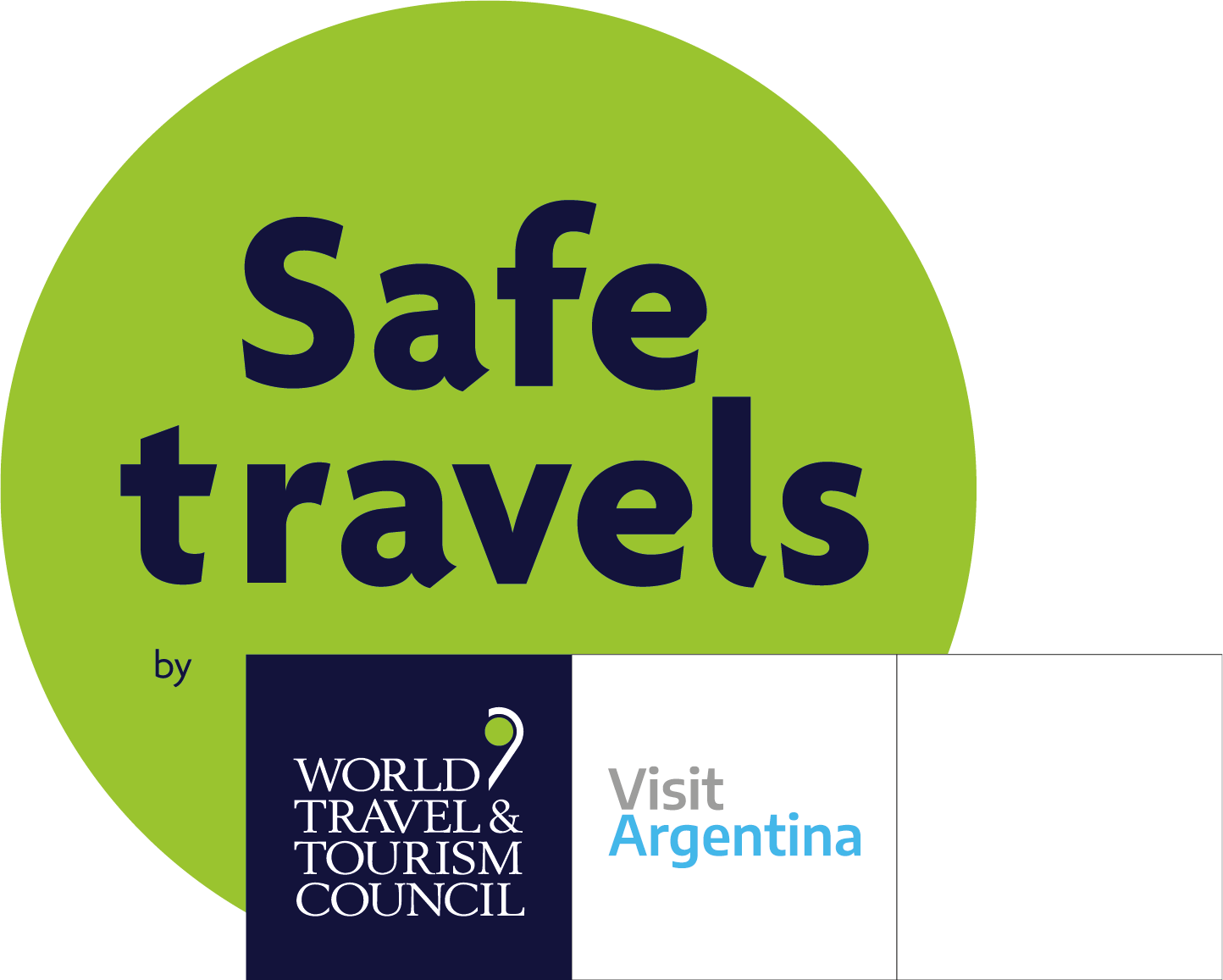 Una pegatina verde que dice viajes seguros según el consejo mundial de viajes y turismo