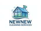 Logo for NewNew Cleaning Services featuring a house shaped like a spray bottle, surrounded by blue bubbles.