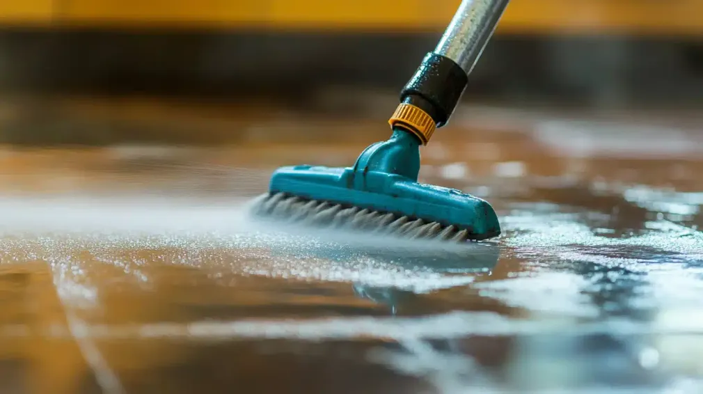 A teal scrub brush attached to a long handle cleaning a soapy, wet floor.