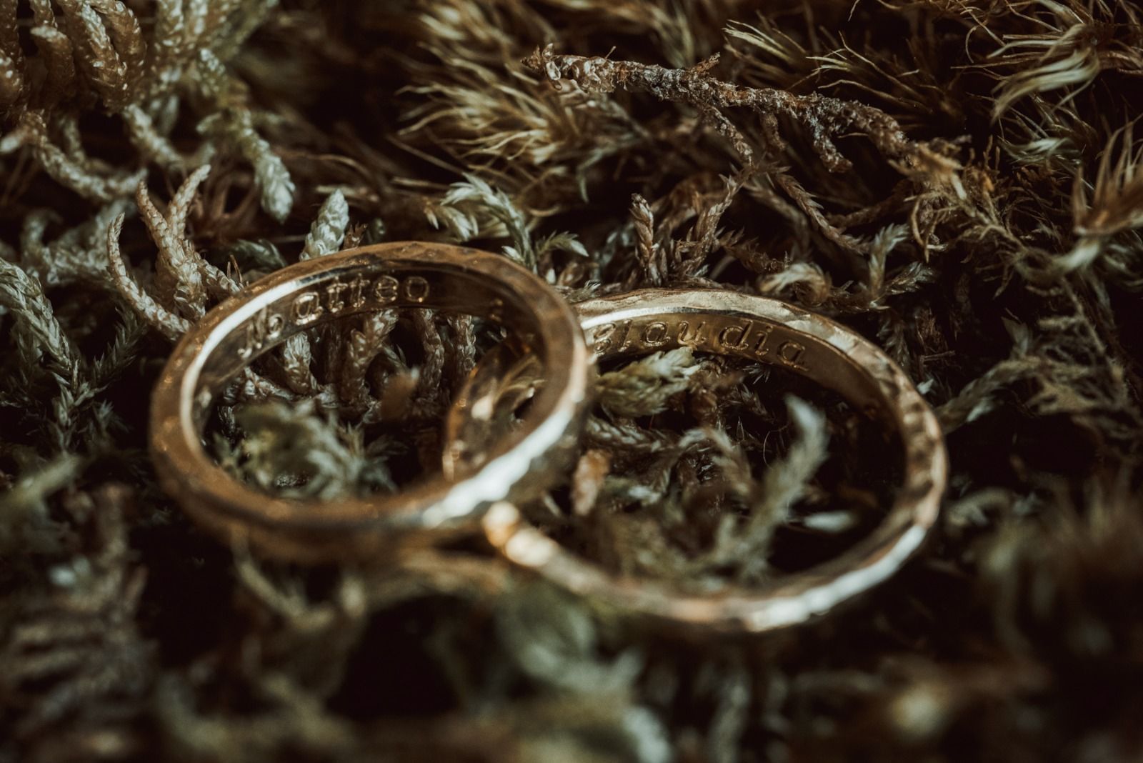 Due fedi nuziali d'oro adagiate l'una sull'altra su un letto di muschio verde scuro e marrone.