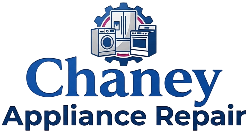 Chaney Appliance Repair logo with blue text and appliance icons above it