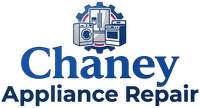 Chaney Appliance Repair logo with blue text and appliance icons above it