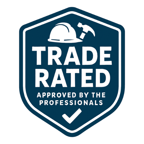 Blue shield logo with hard hat and hammer, reading “TRADE RATED” and “Approved by the Professionals”