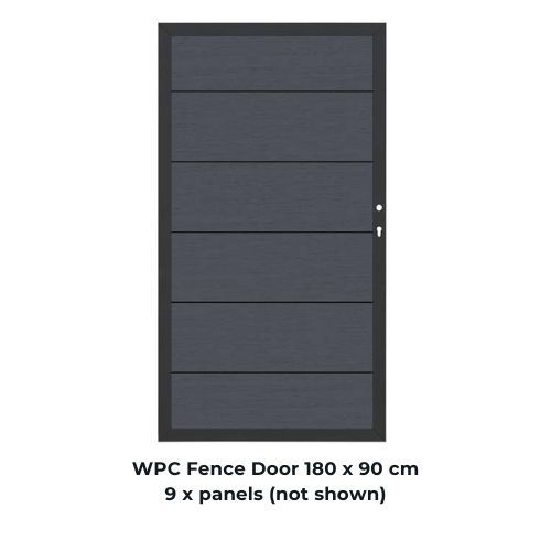 Dark gray WPC fence door with horizontal panels and handle, labeled 180 x 90 cm