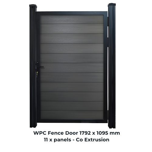 Black-framed gray WPC fence gate with handle, isolated on white background with product label.