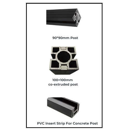 Product diagram of black and white fence posts: 90x90mm post, 100x100mm co-extruded post, and PVC insert strip