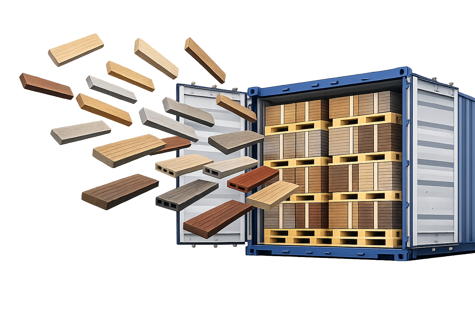 Wooden planks flying into a shipping container loaded with stacked lumber panels