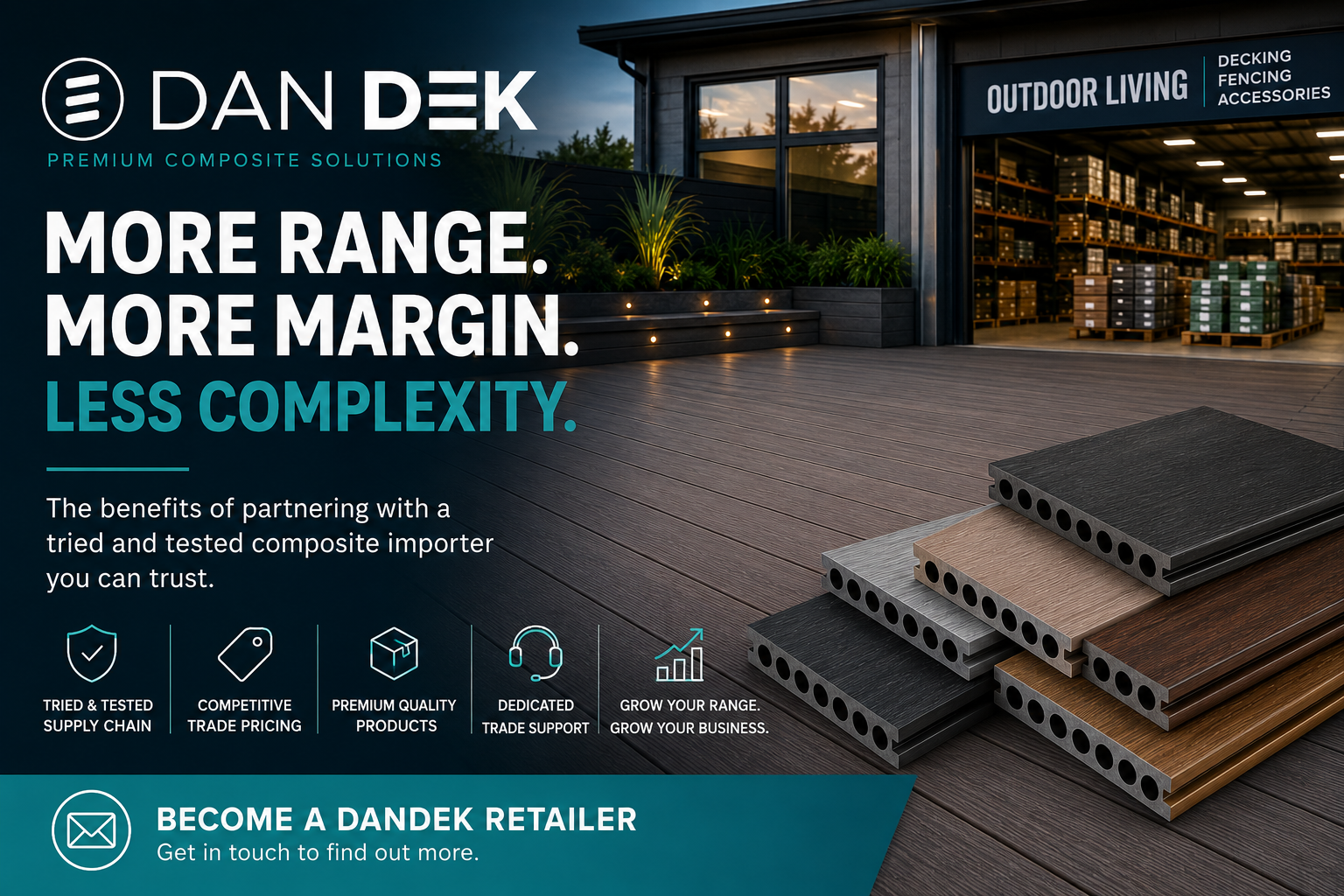 Dan Dek trade partner ad with blue wood background, white headline, bullet points, and Enquire Today button