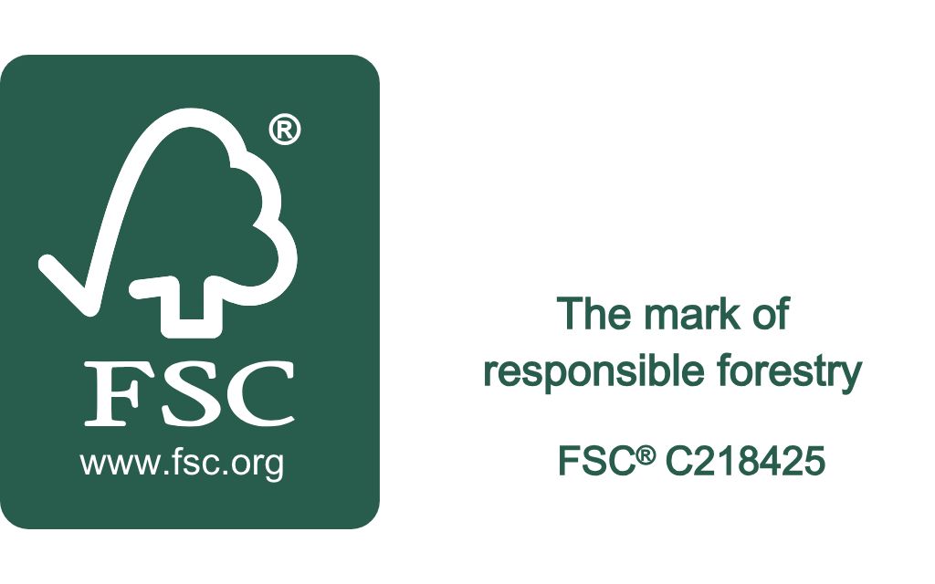 FSC certification logo in green and white with “The mark of responsible forestry” and FSC® C218425