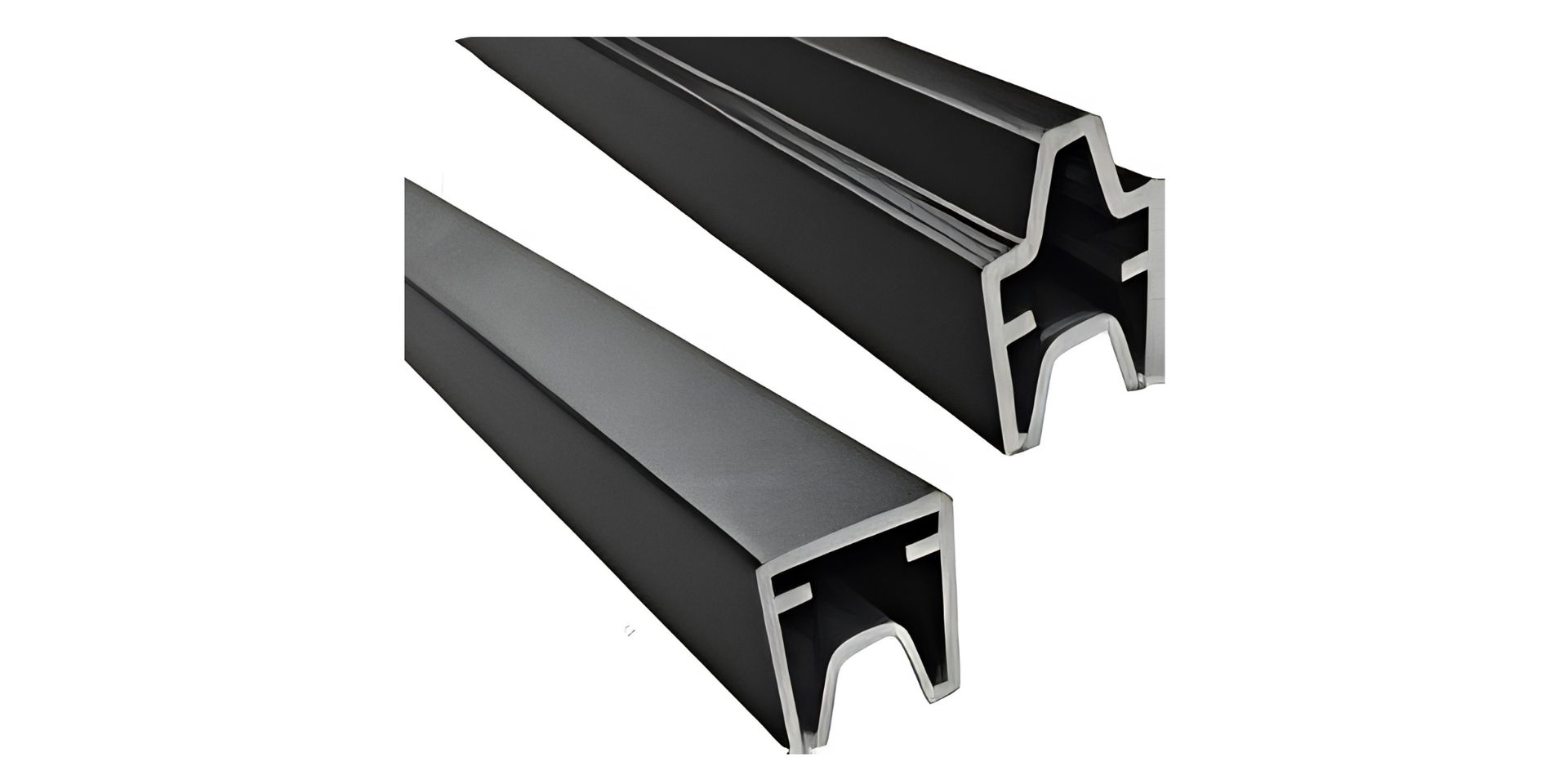 Two black metal extrusions with a white cross-sectional profile on a light background
