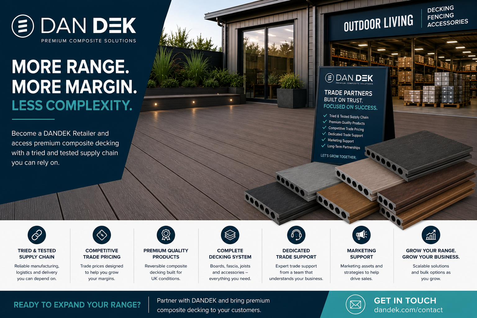 Dan Dek outdoor living promo with composite decking, modern home patio, and product samples