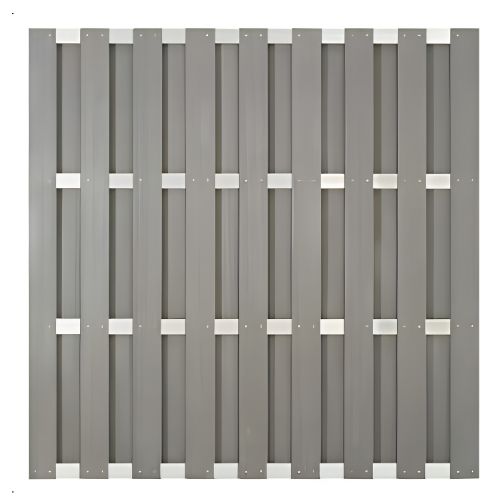 Gray wooden slatted fence panel with vertical boards and horizontal supports