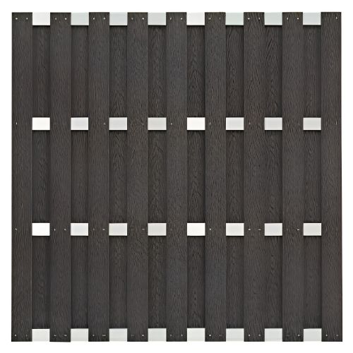 Dark brown wooden lattice fence with rows of small white rectangular gaps