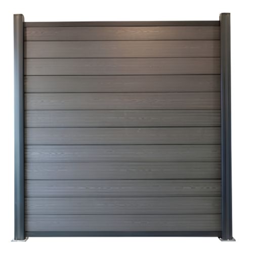 Gray metal privacy fence panel with dark vertical posts