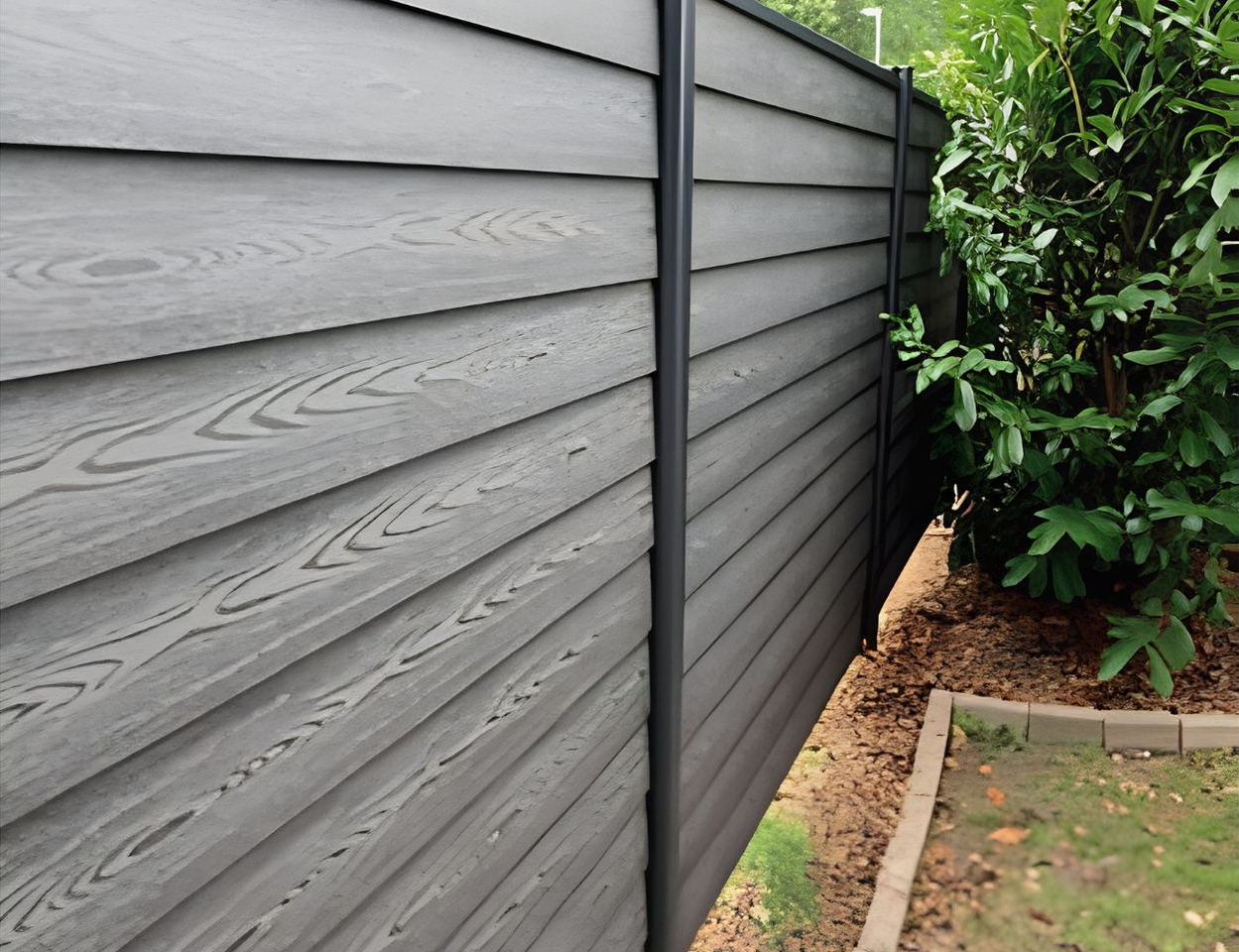Dark gray fence panels beside a narrow garden path and green shrubs