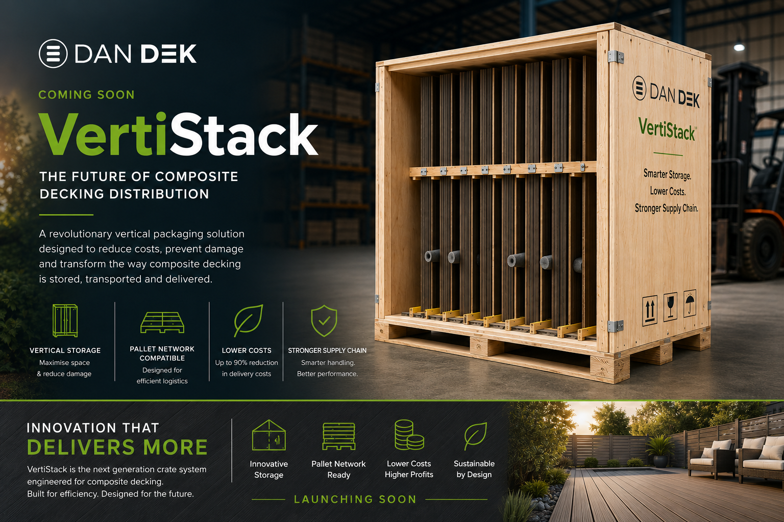 Dan Dek VertiStack packaging ad showing a wooden pallet box with green text on a dark background