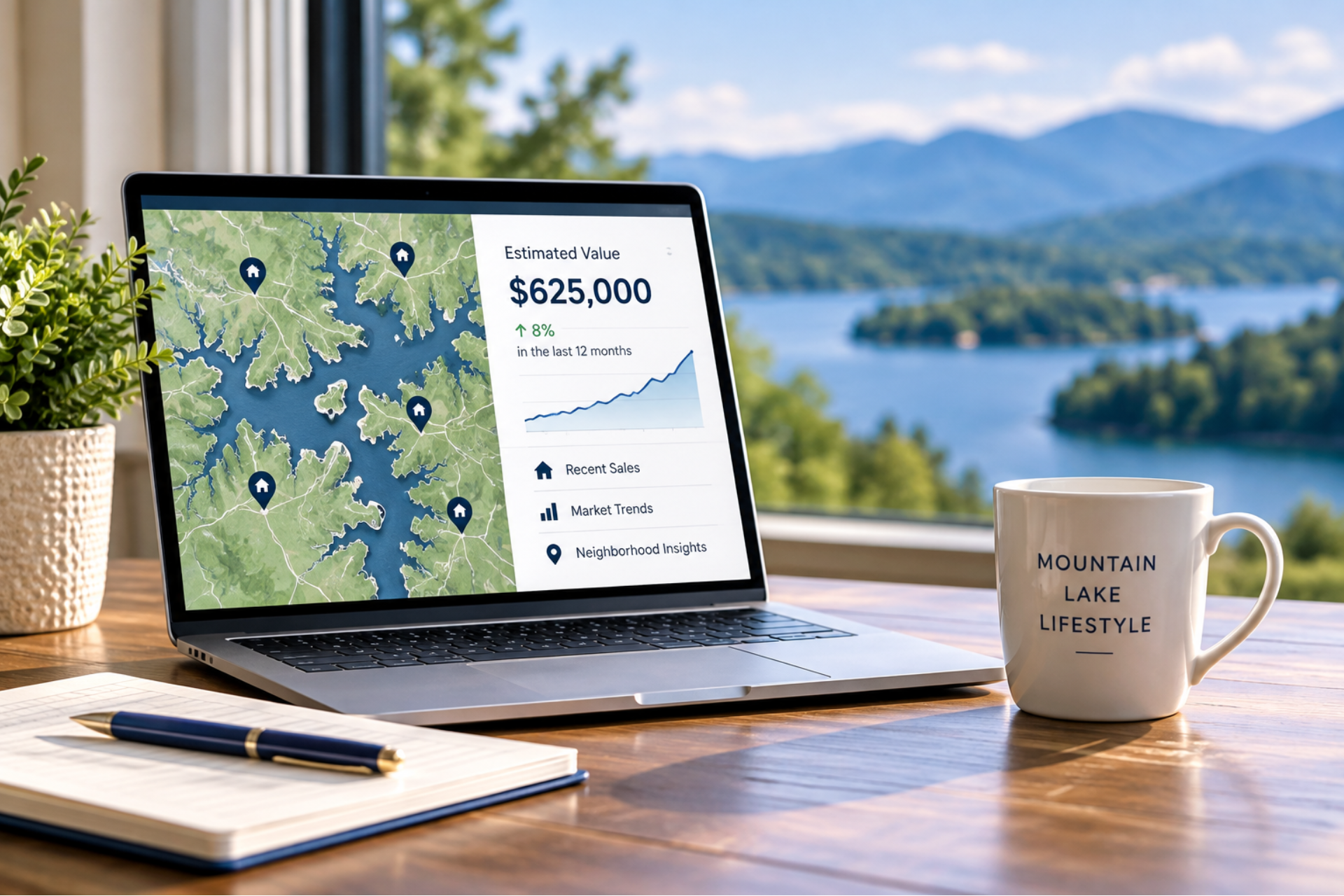 Laptop displaying a home value estimate, local property map, recent sales and market trends, overlooking a scenic mountain lake.