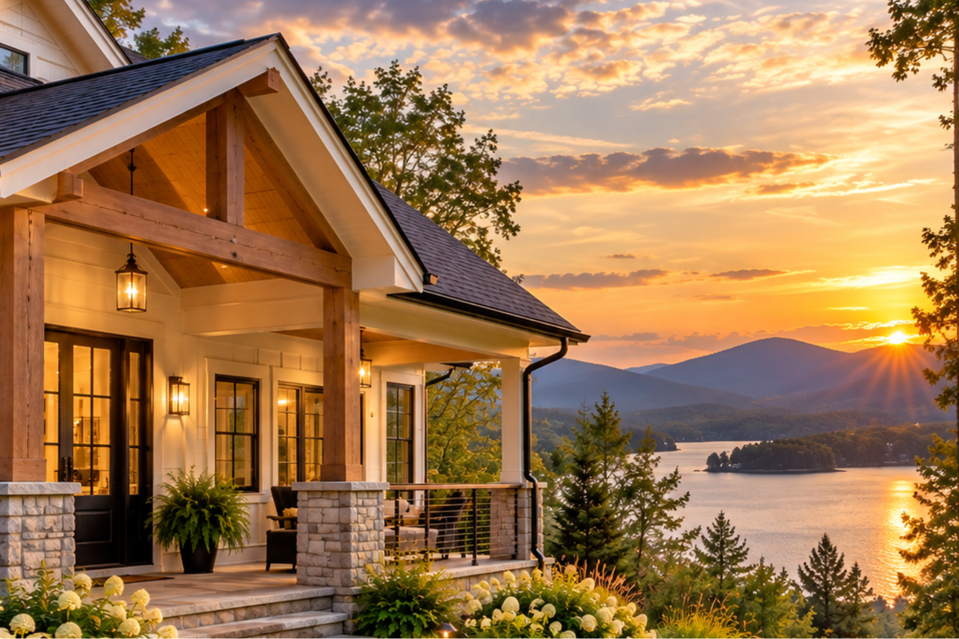 Modern mountain lake home with timber-framed porch overlooking a lake and layered Blue Ridge Mountains at sunset.