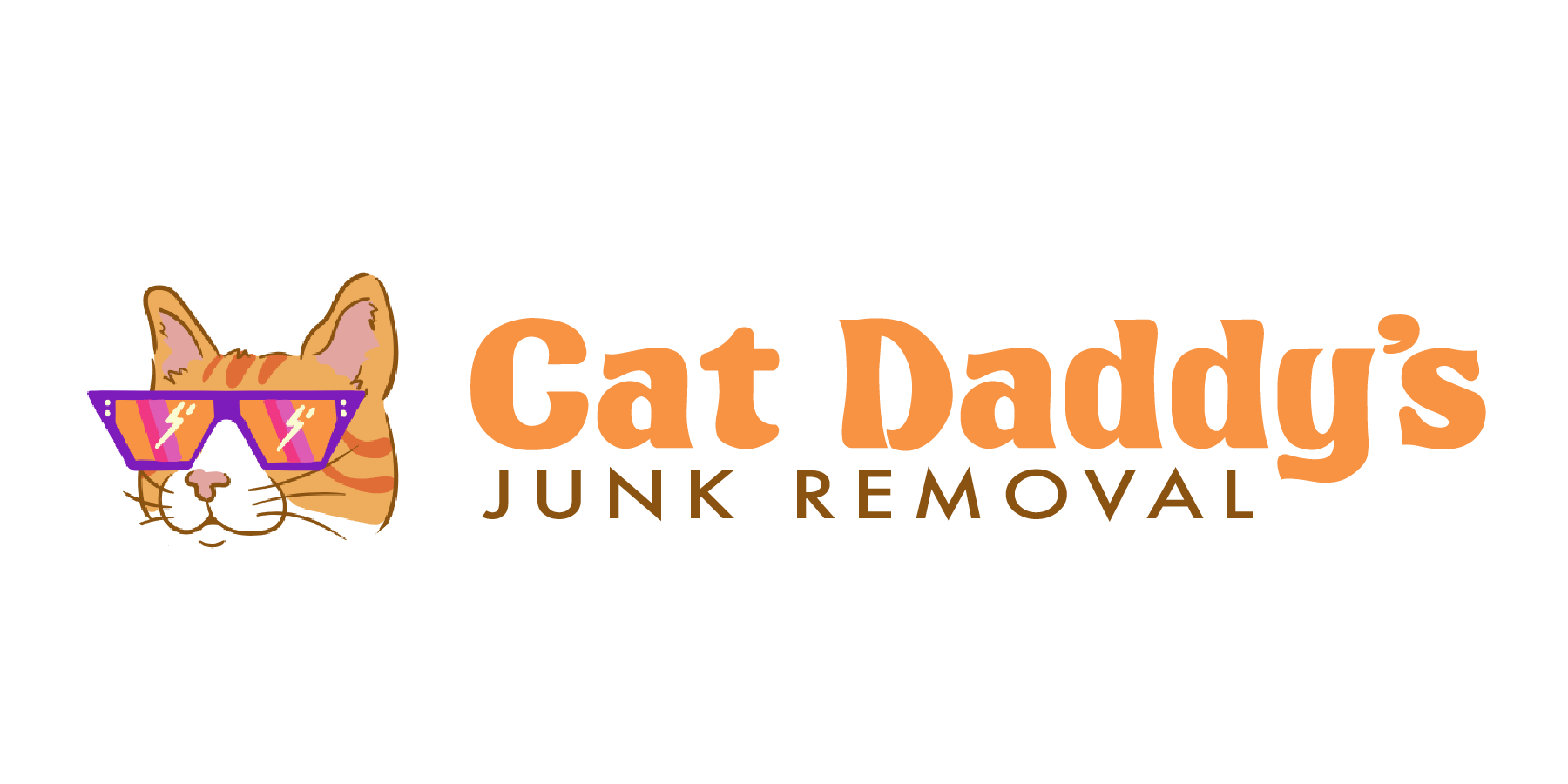 Cat Daddy’s Junk Removal logo with orange cat wearing purple sunglasses and orange text