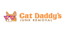 Cat Daddy&rsquo;s Junk Removal logo with orange cat wearing purple sunglasses and orange text