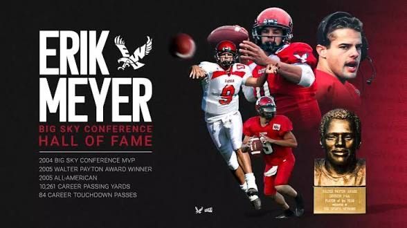 Erik Meyer Hall of Fame graphic. Former quarterback in red uniform with team logo, text, and bronze bust.