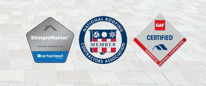 Three roofing certification logos meaning of excellent service and reliable service: Shingle Master, National Roofing Contractors Association, and GAF Certified.