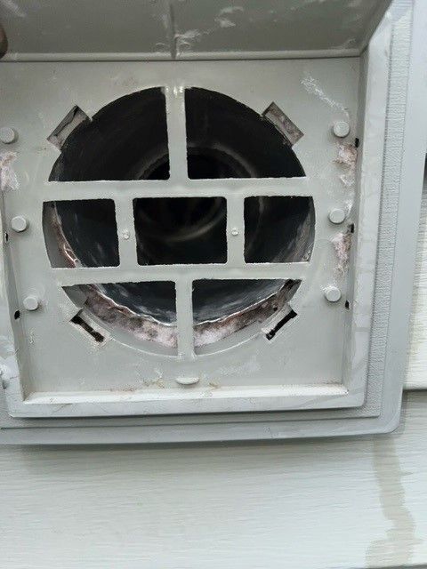 A light grey dryer vent on a light grey house siding. The vent has a protective grate and shows some lint buildup.