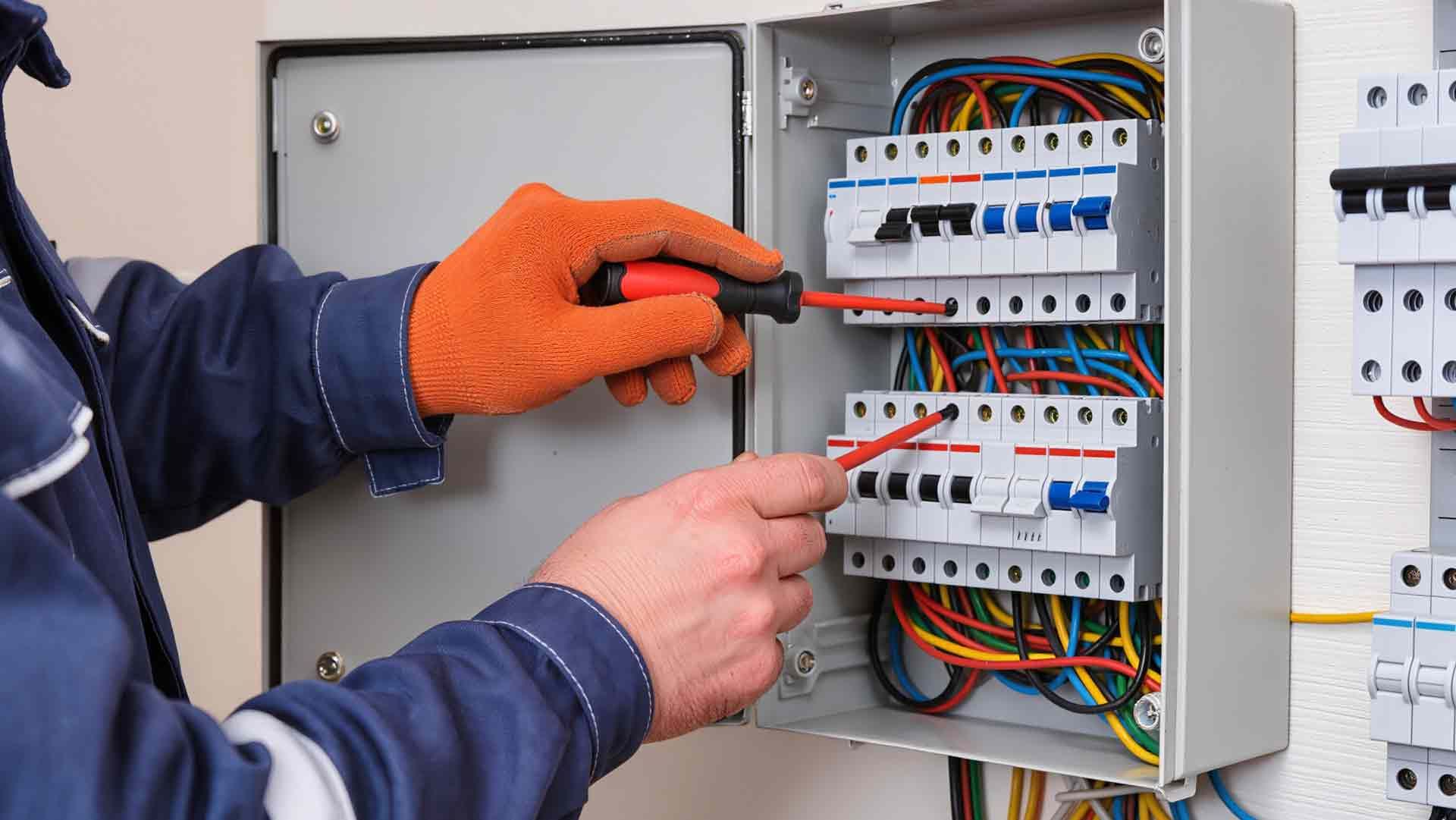 An electrician is working on a breaker box.