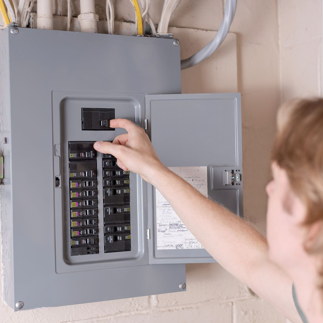 Person's hand reaching for a circuit breaker inside a gray electrical panel on a white wall.
