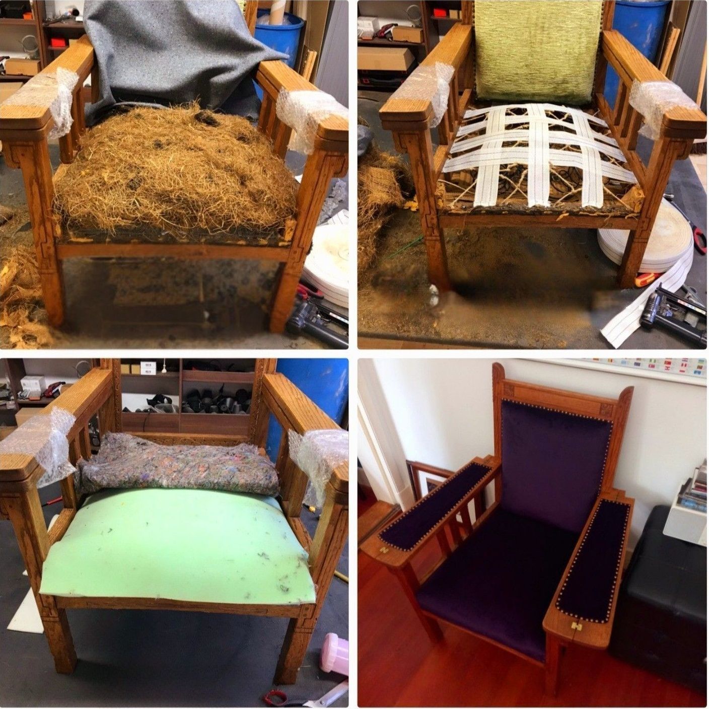 Houten stoel herstoffering proces foto's. Vulling, schuim en de afgewerkte paarse fluwelen bekleding van de stoel