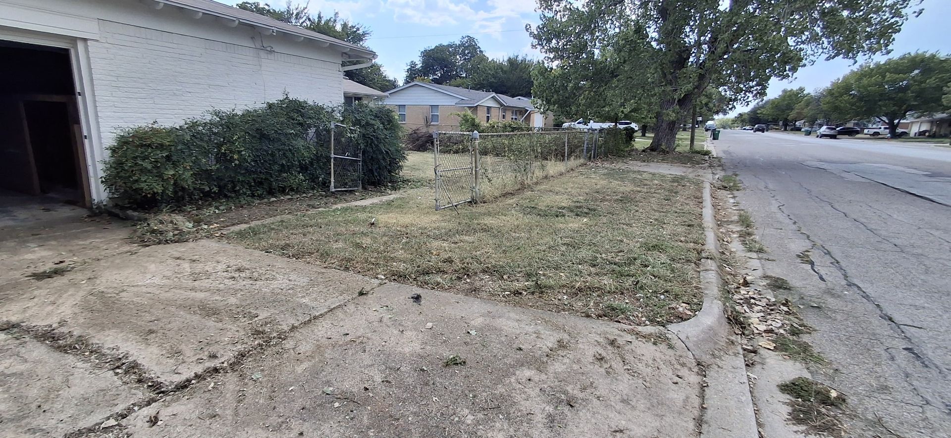 A house with a weedy front yard, next to a street. A tree shades the road.