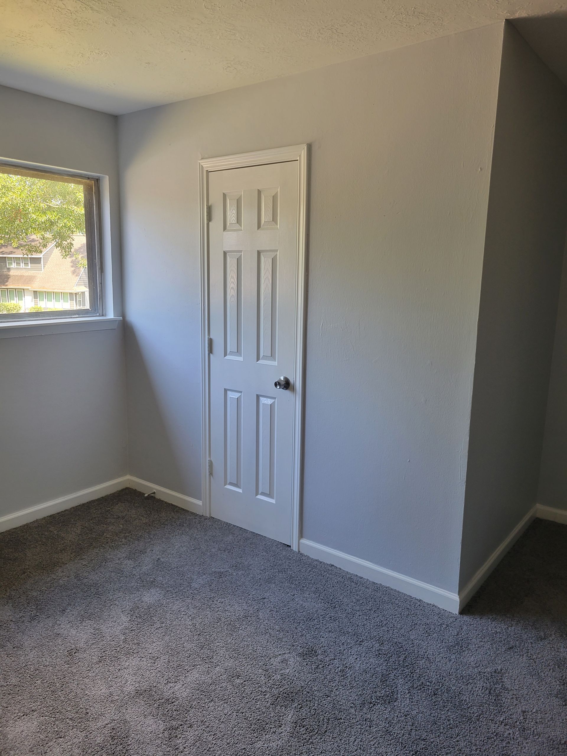 Empty room with gray walls, white door, window, and patterned carpet.