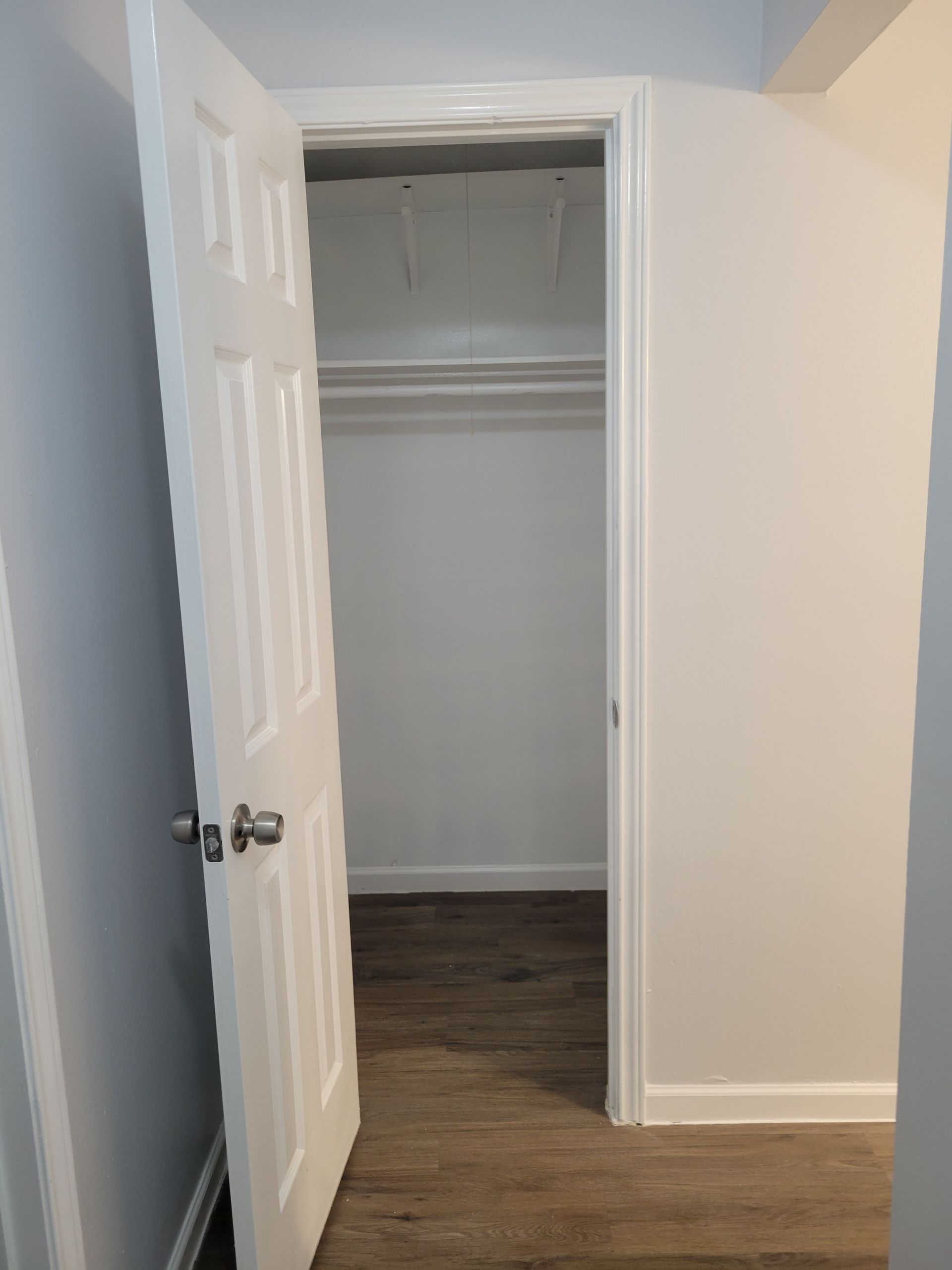 Open white door leading into a white closet with a clothes rod. Light wood flooring.