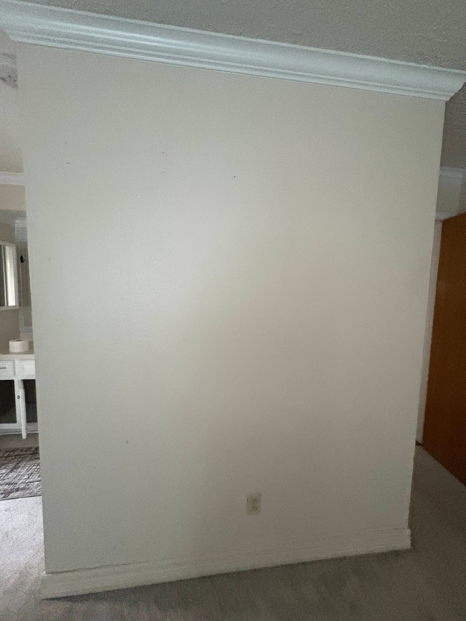 Beige wall with crown molding and an electrical outlet.