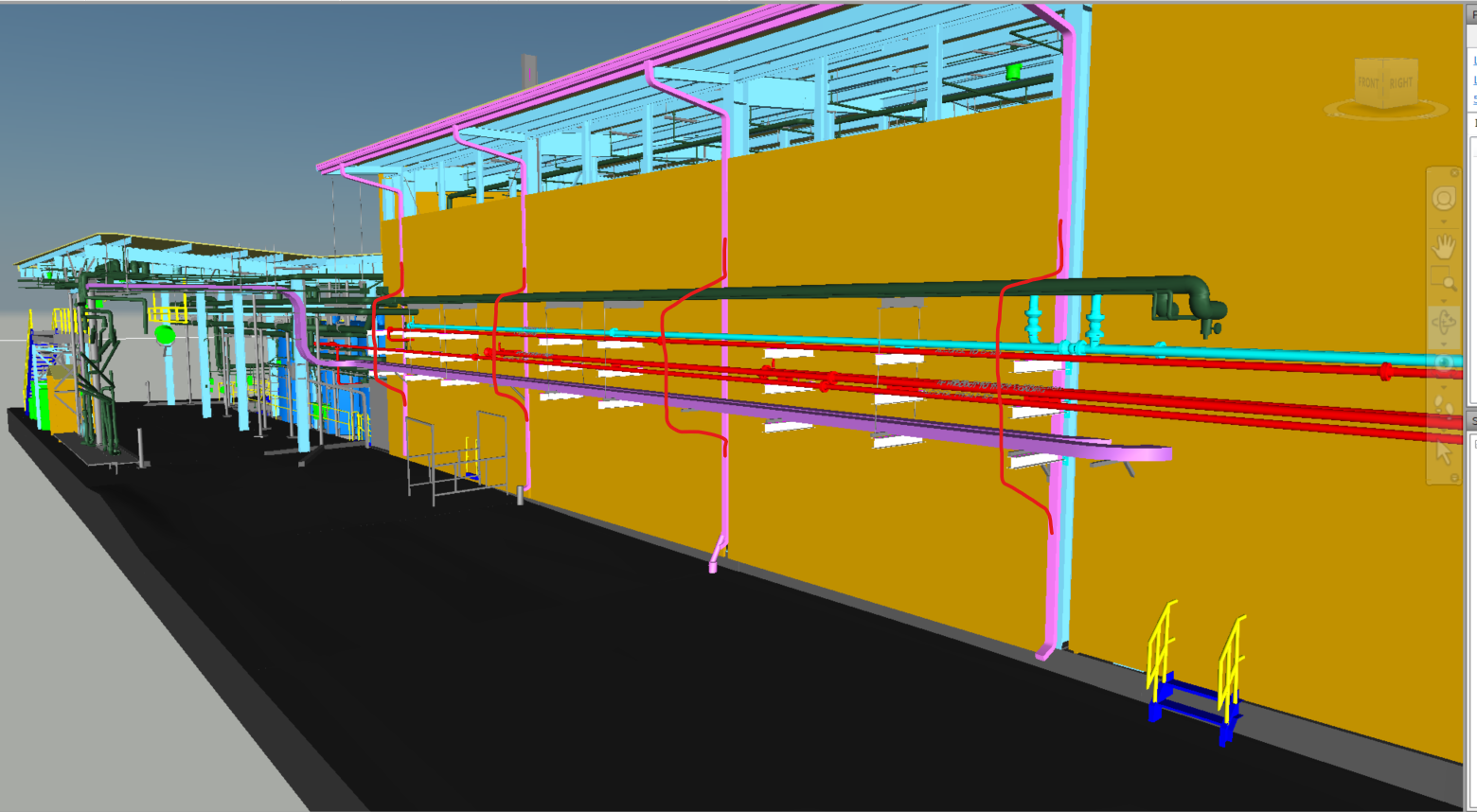 3D model of a building with visible pipes and structural elements, rendered in various colors against a dark background.