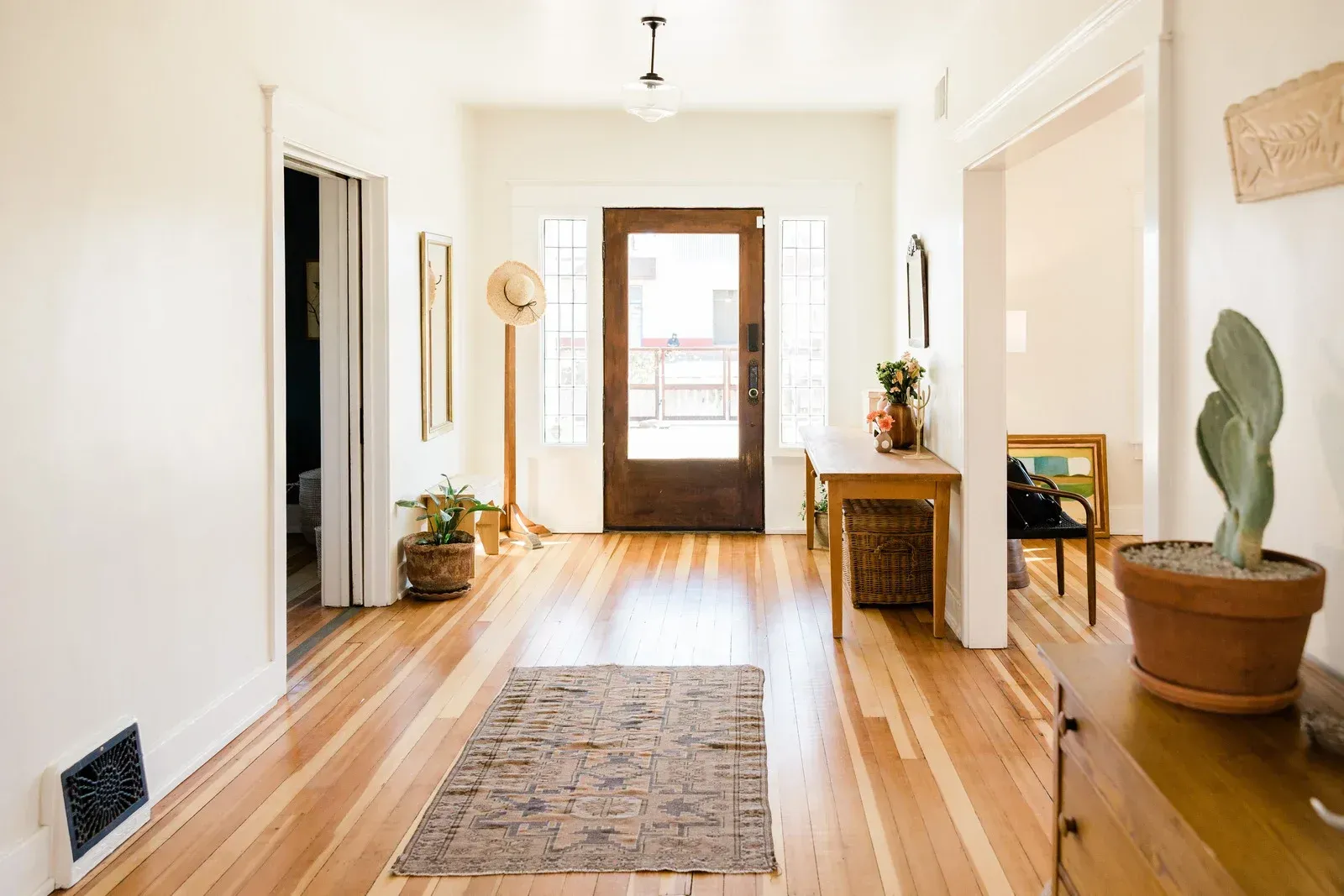 Bright hallway with wooden floor, brown door, rug, plants, and light fixtures.