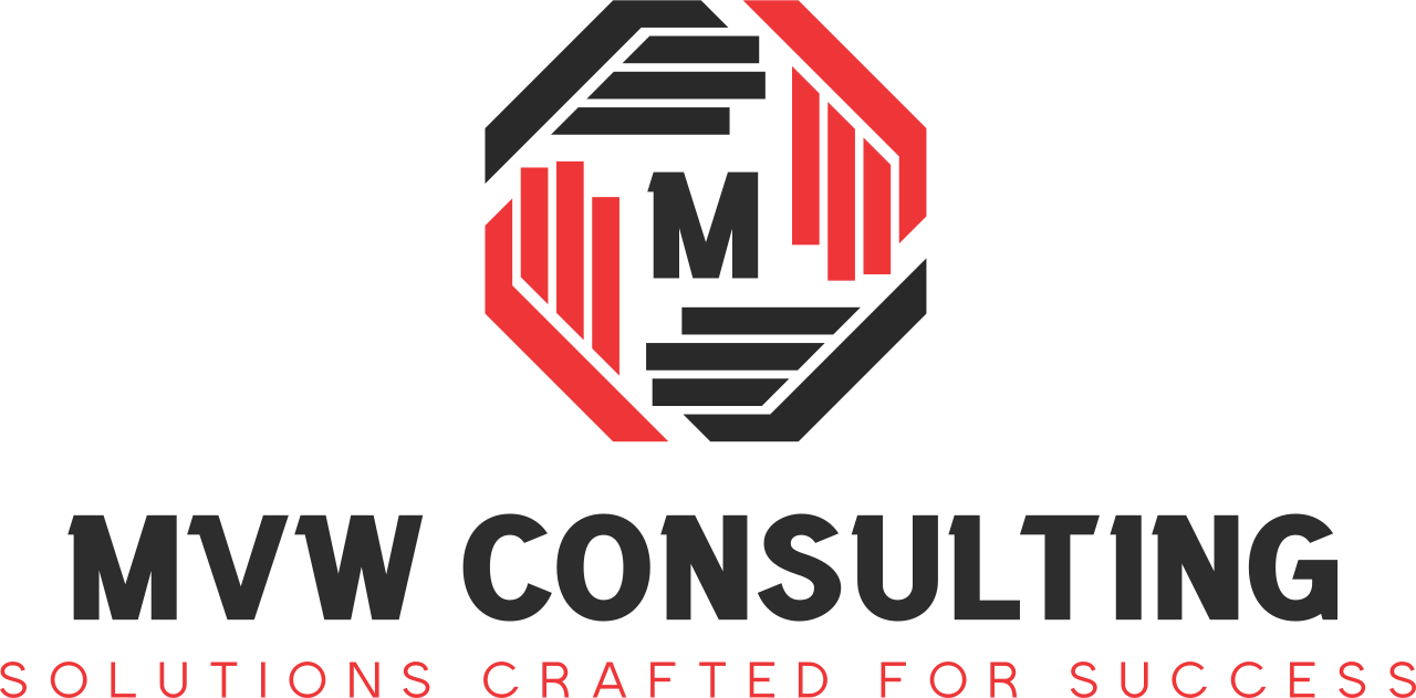 Logo for MVW Consulting with an octagon design and the letter 