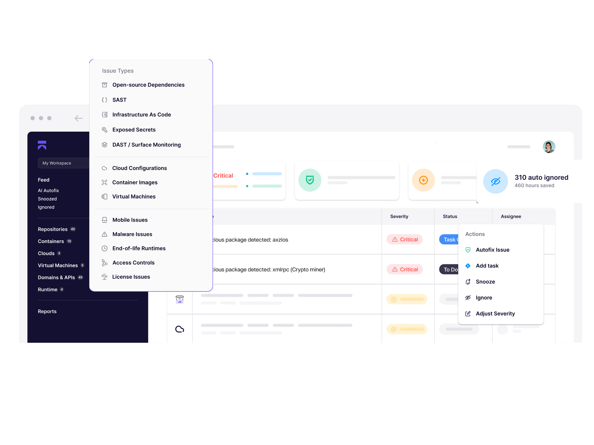 Dashboard interface with dropdown menu open, highlighting various system settings and data visualization.