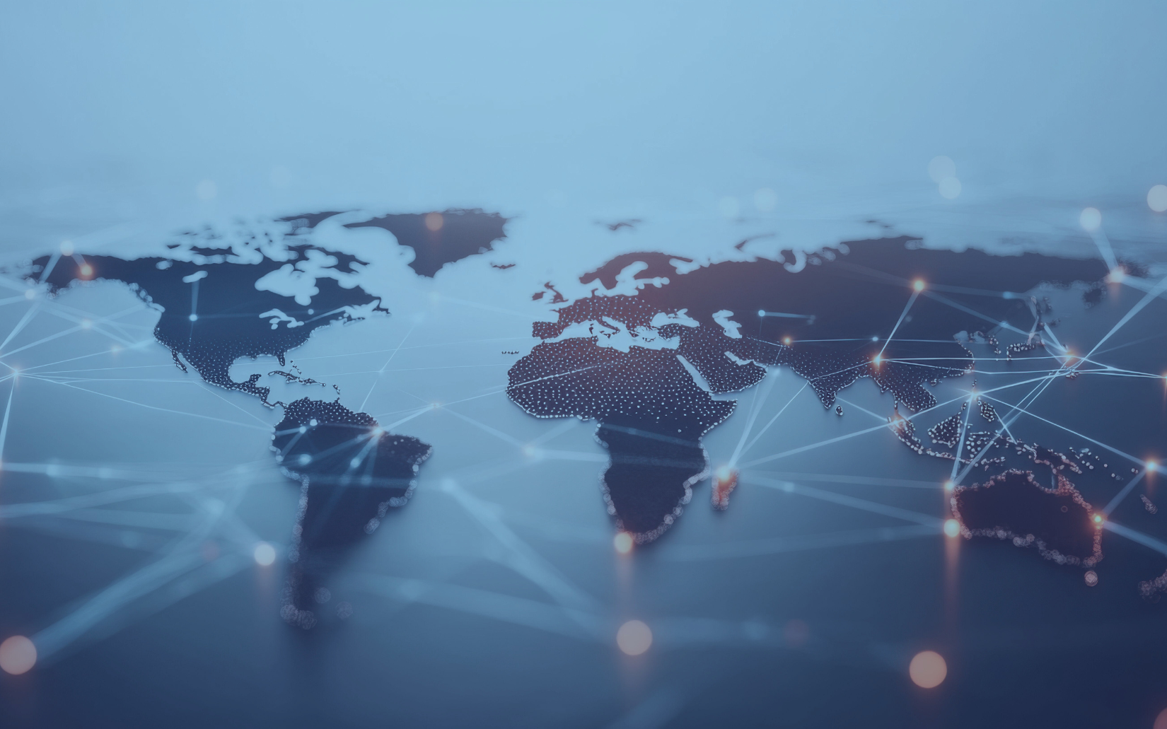 A world map with a network of glowing lines and dots, representing global connectivity against a blue backdrop.
