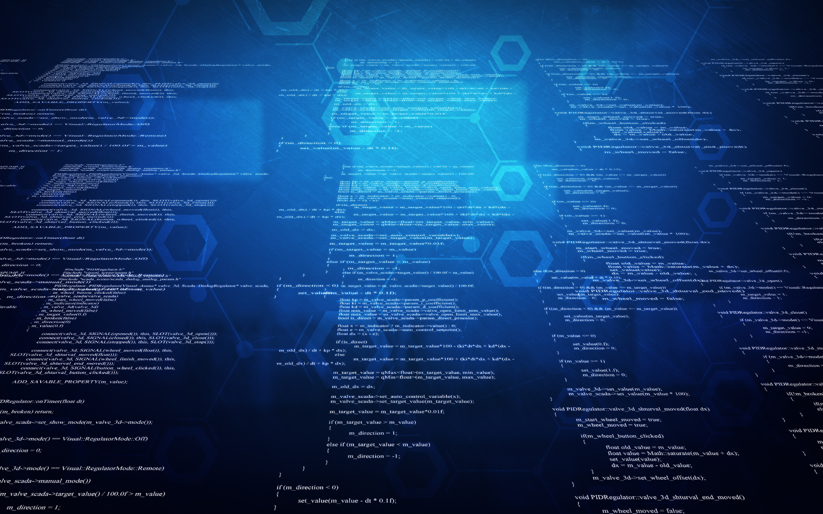 Blue digital background with animated code text and hexagonal shapes.